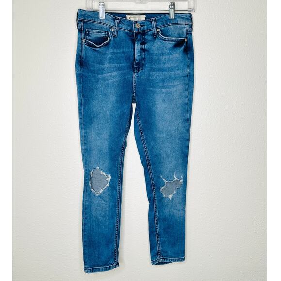Free People Medium Wash Distressed Knee High Waist Skinny Jeans 29 - Picture 1 of 13